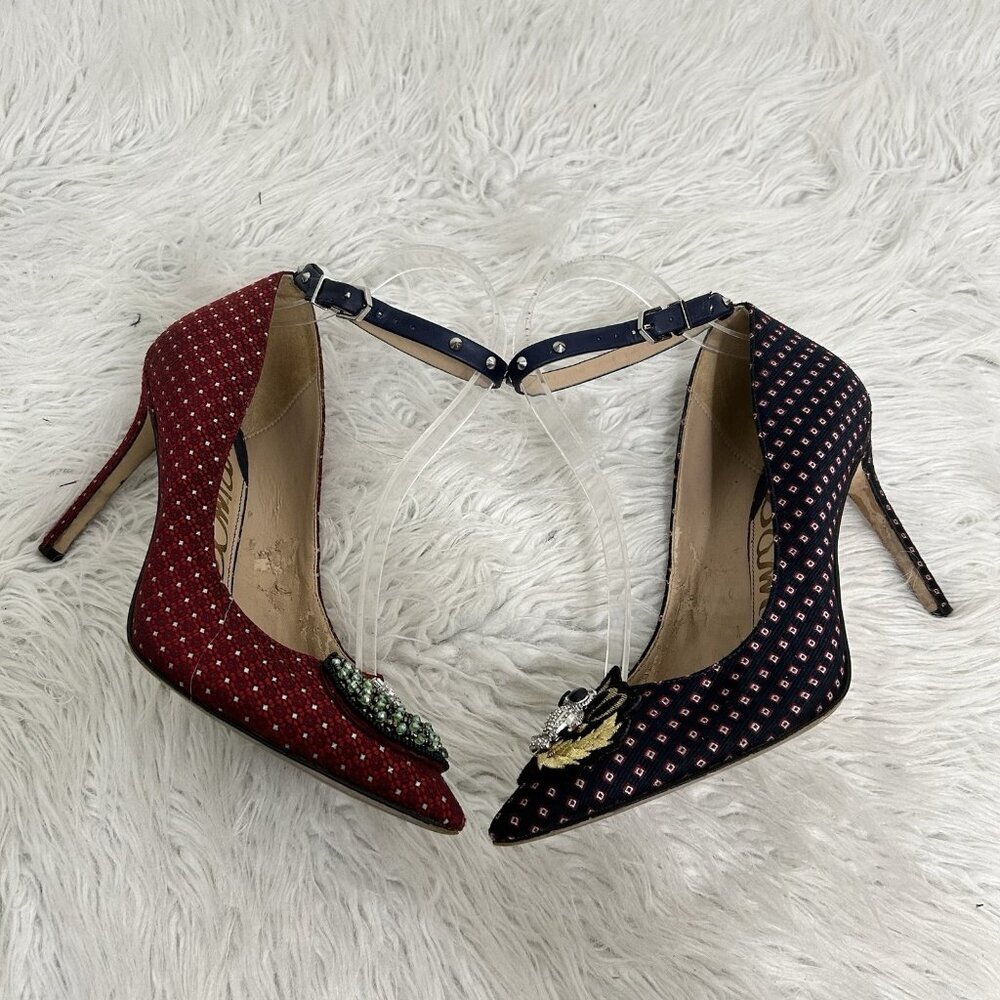 Sam Edelman Two-Tone Embellished Ankle-Strap Pointed Heels in Red and Navy - Picture 6 of 11